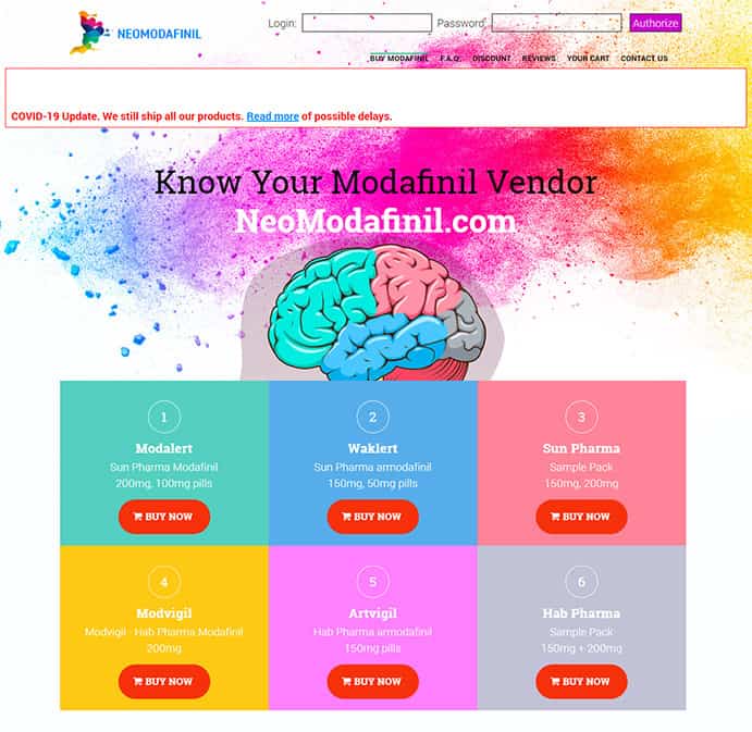 Screencap of NeoModafinil Homepage