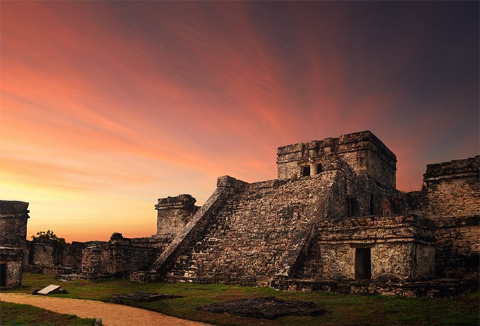 Castillo fortress at sunset in the ancient Mayan city of Tulum