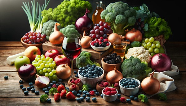 Photo of a wooden table spread with foods high in quercetin including onions, apples, berries, grapes, broccoli, assorted teas, and a glass of red wine.