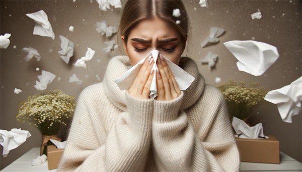 Photo of a young woman sneezing into a tissue with softer eyebrows and puffy eyes, surrounded by scattered tissues in a pollen-filled atmosphere.