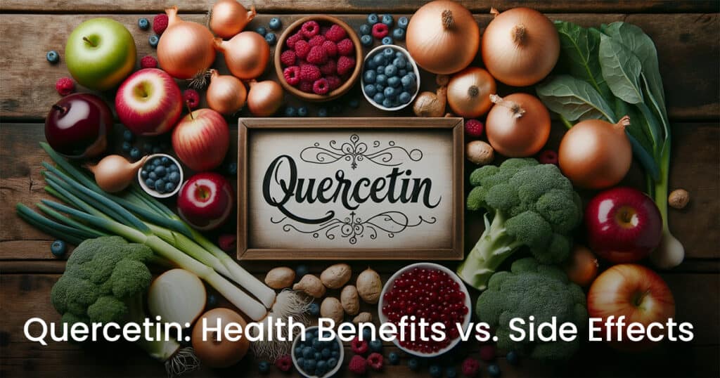 Photo of fresh foods rich in quercetin such as onions, apples, and berries, neatly arranged on a wooden table with a label reading 'Quercetin'